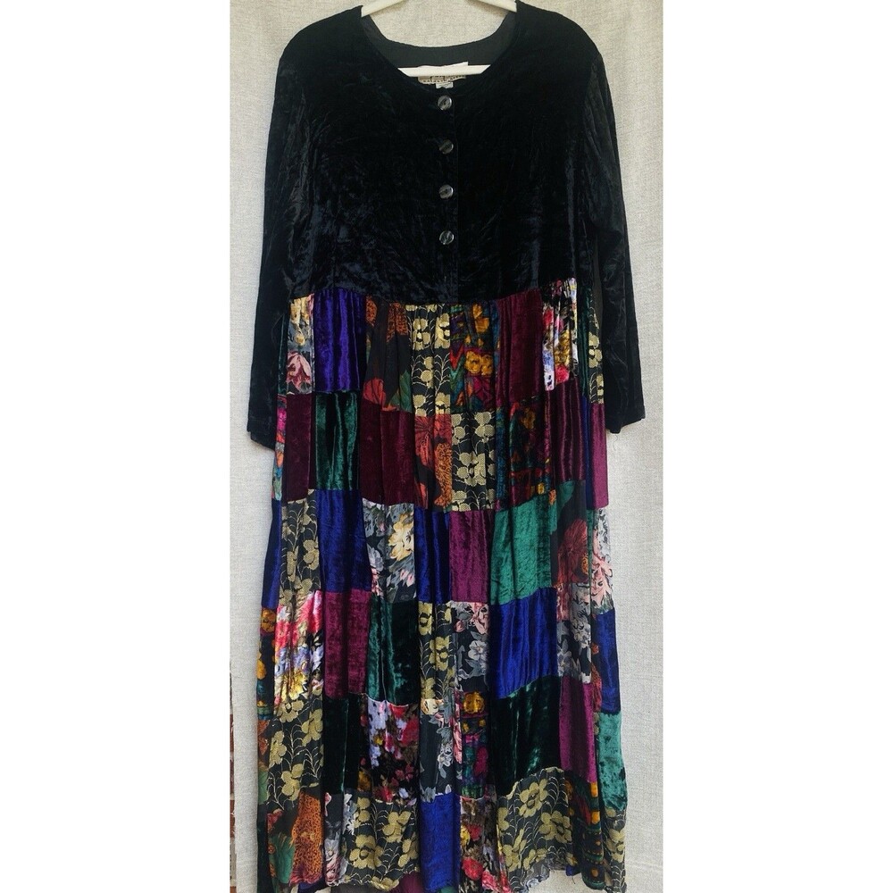 Vtg Velvet Patchwork Maxi Dress 14 Jewel Tones Whimsigoth Stevie Nicks Magic